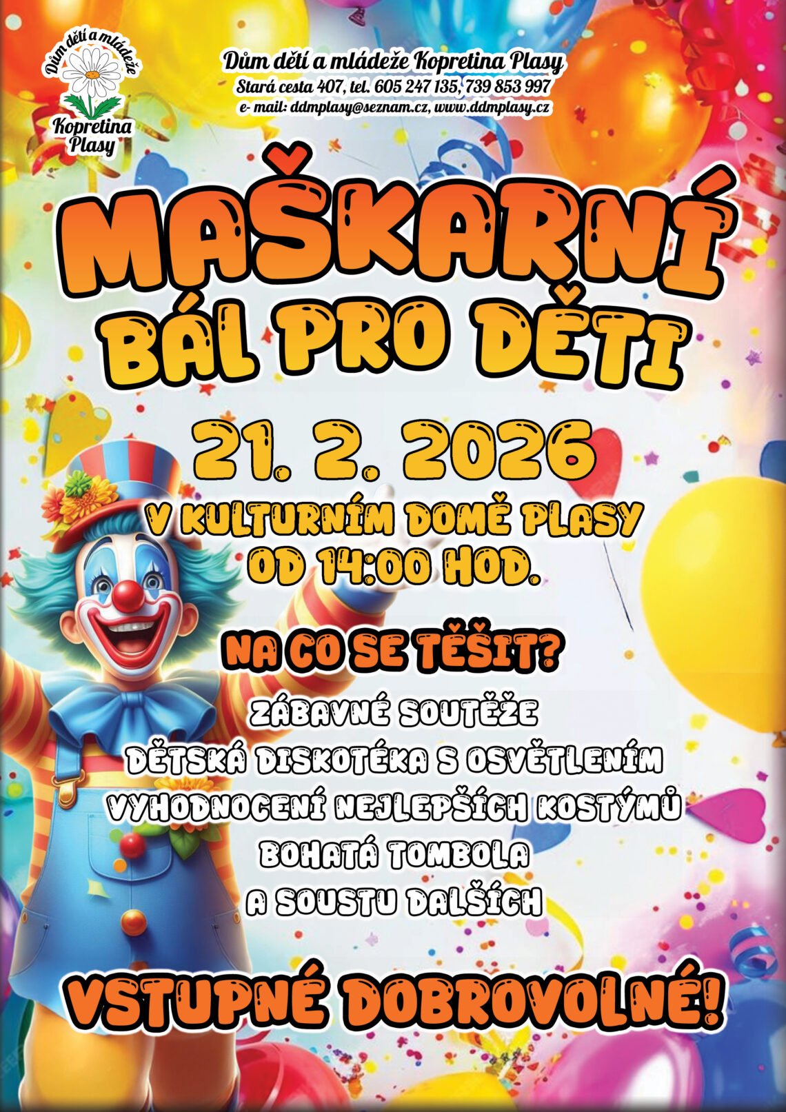 Akce: Maškarní bál pro děti Plasy, který pořádá DDM Kopretina plasy.