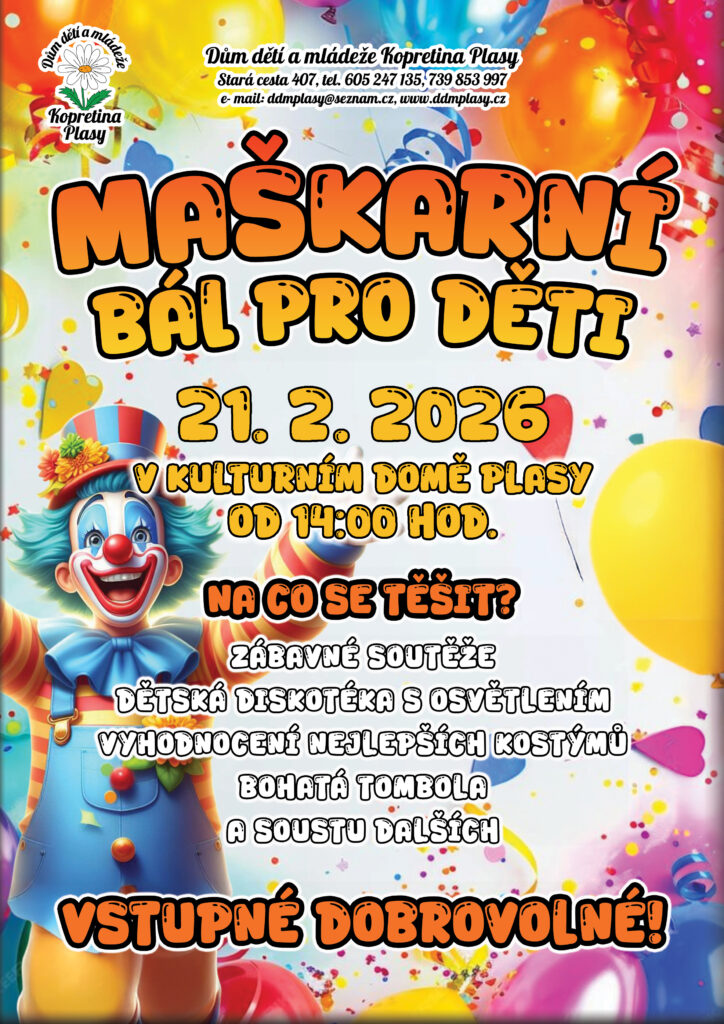 Akce: Maškarní bál pro děti Plasy, který pořádá DDM Kopretina plasy.
